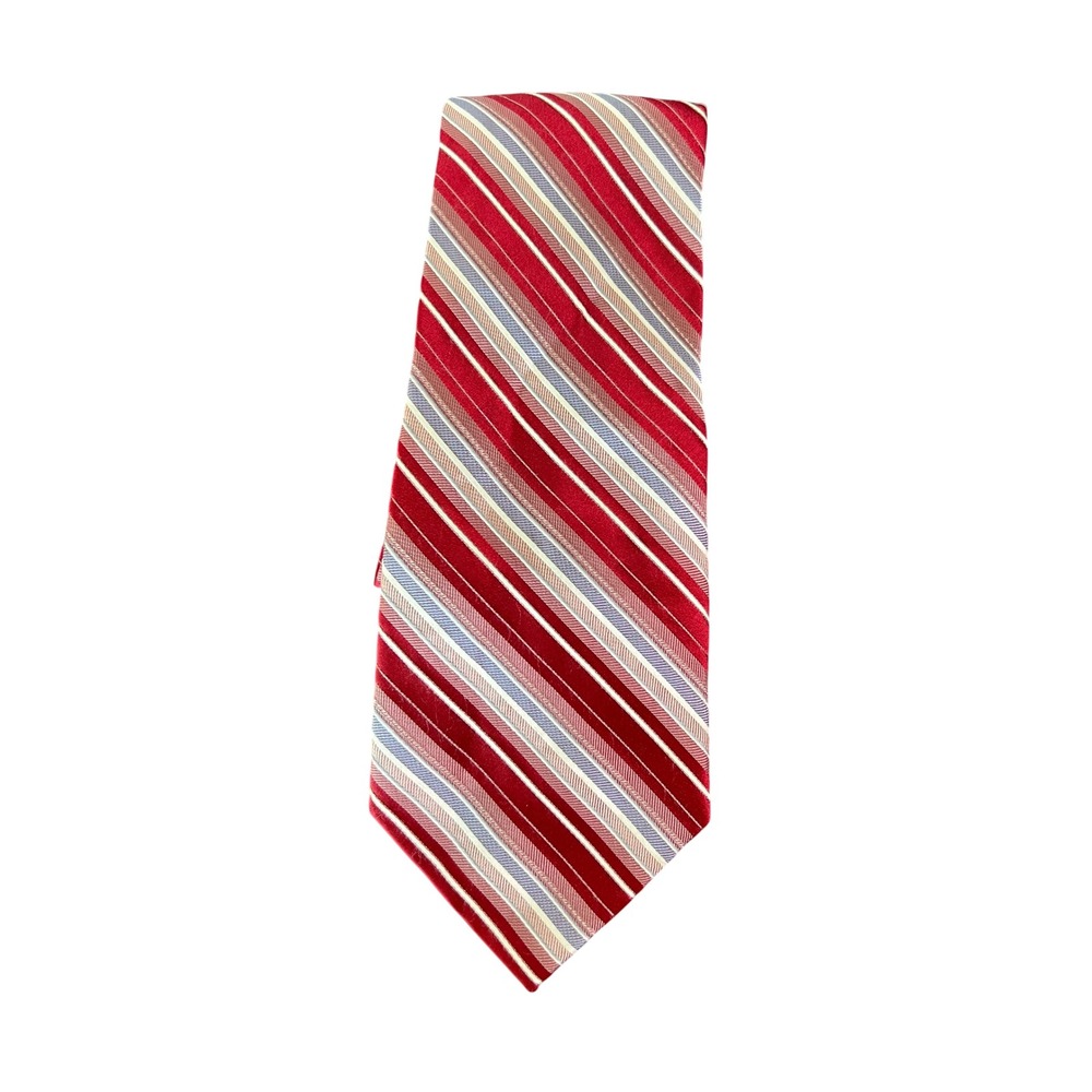 Calvin Klein Mens Silk Necktie Red Burgundy Silver Diagonal Stripe 3.75 Wide